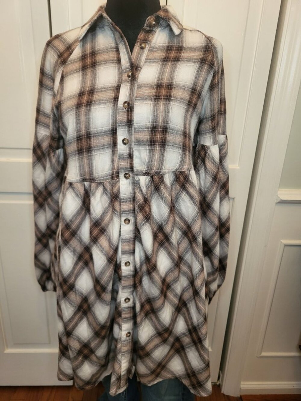 Blu Pepper S Cream Brown Plaid Flannel Babydoll Tunic Fall Western Grunge Comfy